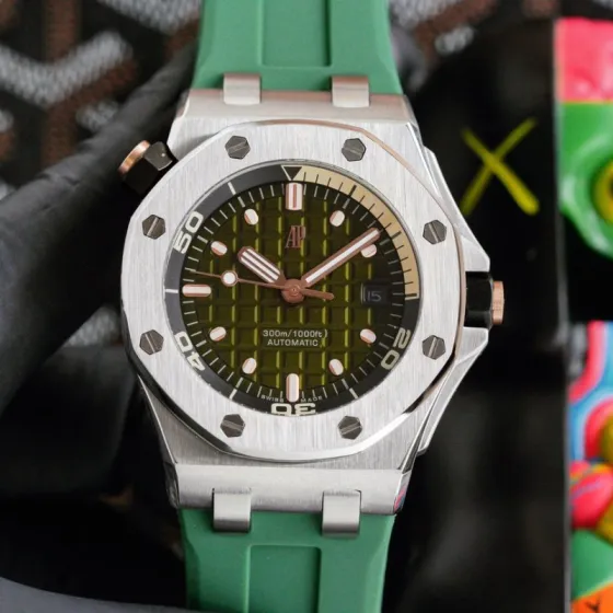 Audemars Piguet Royal Oak Offshore Diver 15710ST OO A002CA 01 stainless steel case black bezel green dial green rubber strap 42mm Men s Automatic