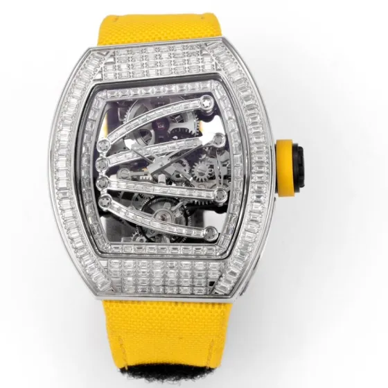 Richard Mille RM 59-01 Tourbillon Yohan Blake silver case and bezel skeleton dial yellow strap 50mm Men s Automatic — 1:1 Super Clone