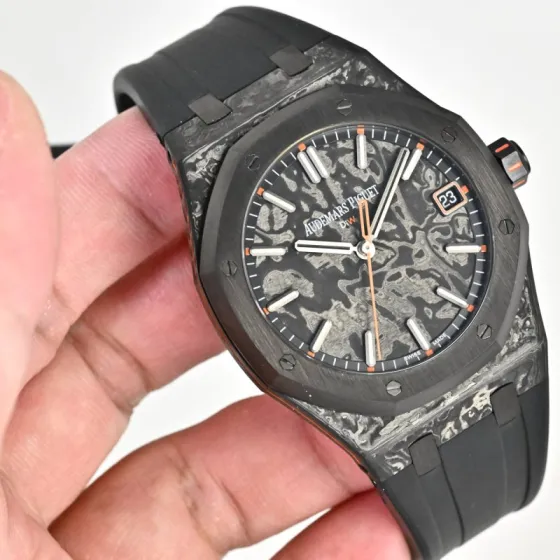 Audemars Piguet Royal Oak 15500 DiW NTPT black carbon bezel and case grey camo dial black rubber strap orange accents 41mm Men s Automatic