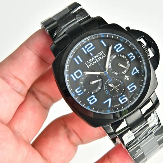 Panerai Luminor 1950 Chrono Monopulsante 8 Days GMT Ceramica black ceramic case bezel black dial black metal bracelet 44mm Men s Automatic