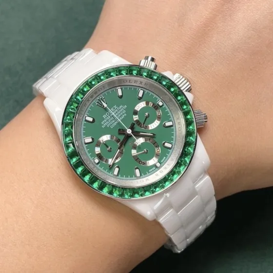 Rolex Daytona green dial green gem-set bezel white ceramic case and bracelet 43mm Unisex Automatic — 1:1 Replica Watch