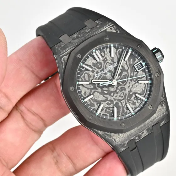 Audemars Piguet Royal Oak DiW 15500 black NTPT carbon case and bezel grey patterned dial black rubber strap 41mm Men s Automatic