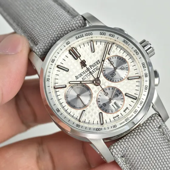 Audemars Piguet Royal Oak Offshore Chronograph 26048 stainless steel case silver bezel white dial gray fabric strap 37mm Women s Automatic