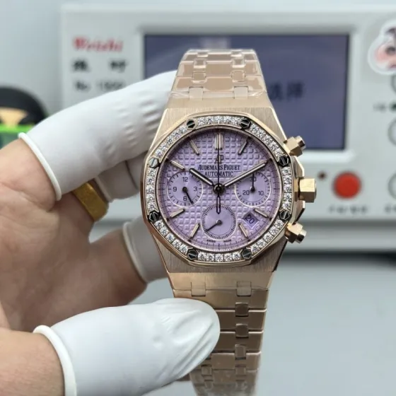 Audemars Piguet Royal Oak Chronograph 38mm 26715BC ZZ 1356BC 01 rose gold case diamond bezel lavender dial rose gold bracelet 38mm Women s Automatic
