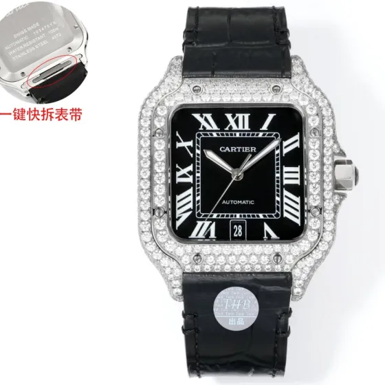 Cartier Santos 100 XL diamond-set white gold case and bezel black dial black leather strap 38mm Men s Automatic — Super Clone Replica