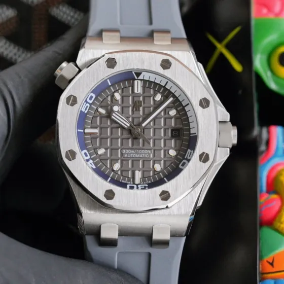 Audemars Piguet Royal Oak Offshore Diver 15710ST OO A002CA 01 stainless steel case blue inner bezel grey dial grey rubber strap 42mm Men s Automatic