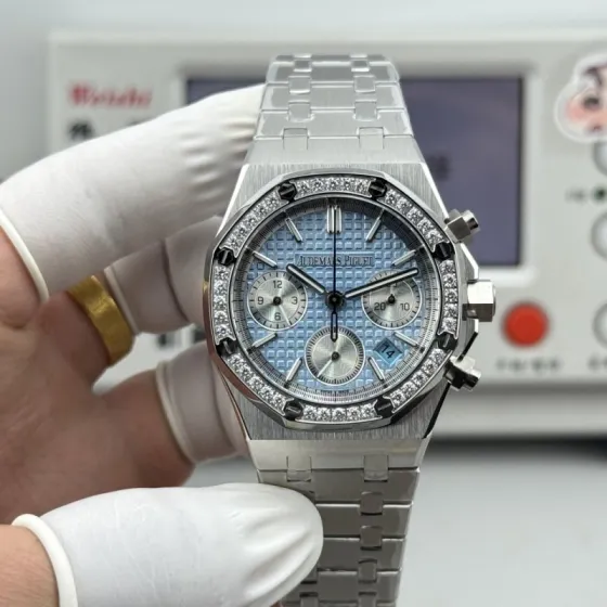 Audemars Piguet Royal Oak Offshore Chronograph 26715BC ZZ 1356BC 01 white gold diamond bezel blue dial silver bracelet 38mm Men s Automatic