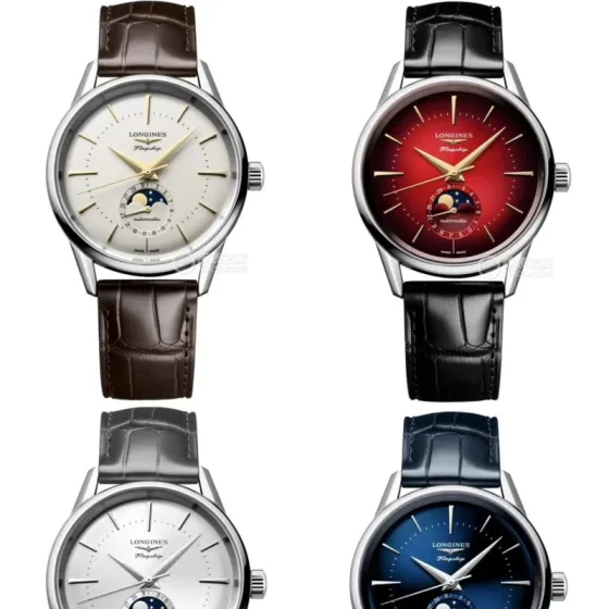 Longines Flagship Heritage Moonphase stainless steel case silver bezel gradient blue dial blue leather strap 38 5mm Men s Automatic