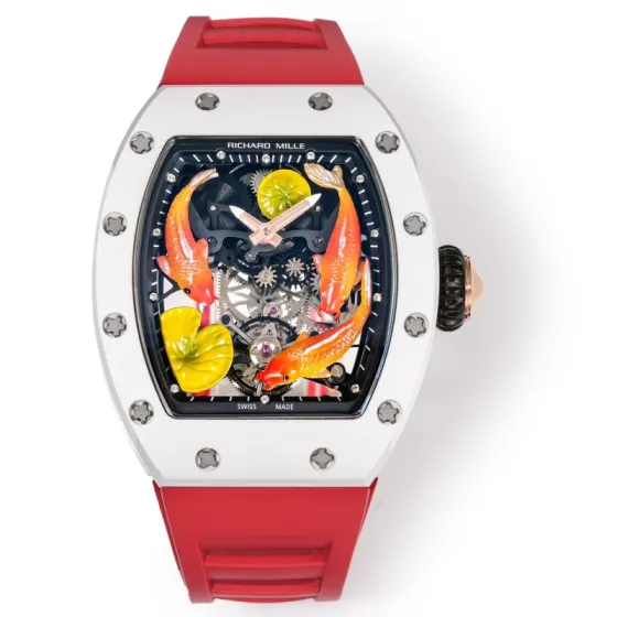 Richard Mille RM 011 white ceramic case black bezel multicolor koi fish dial red rubber strap 50mm Men s Automatic — 1:1 Super Clone