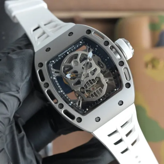 Richard Mille RM 052 Skull silver case black bezel dial white strap 42 7mm Men s Mechanical — Super Clone Replica