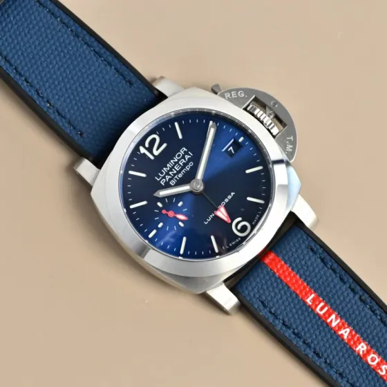 Panerai Luminor Due Luna Rossa BiTempo stainless steel case blue dial blue strap with red stripe 38mm Men s Automatic — Super Clone Replica