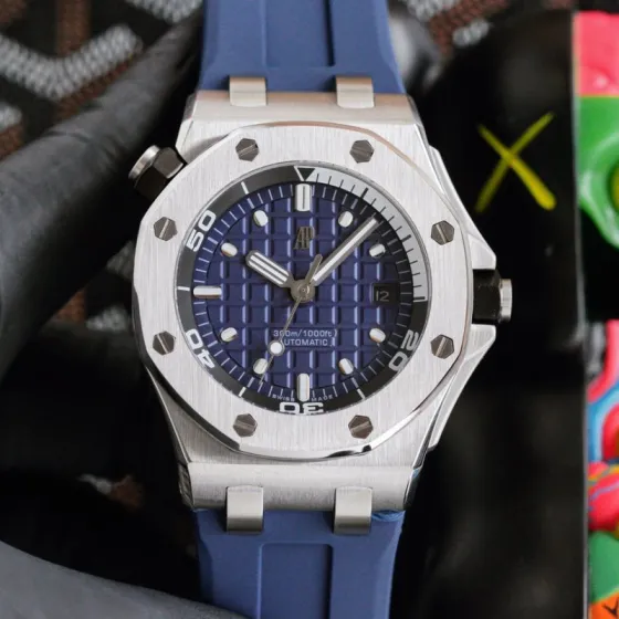 Audemars Piguet Royal Oak Offshore Diver 15710ST OO A002CA 01 silver case silver bezel blue dial blue strap 42mm Men s Automatic