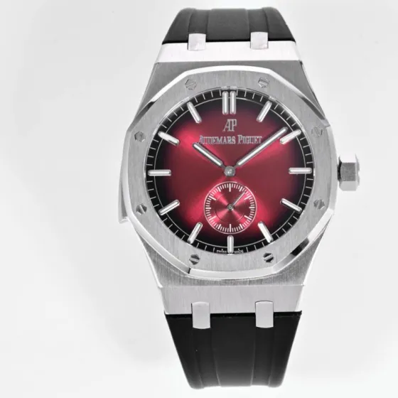 Audemars Piguet Royal Oak Jumbo Extra-Thin 26591IP platinum case platinum bezel red dial black rubber strap 39mm Men s Automatic