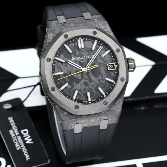 Audemars Piguet Royal Oak DiW 15500 grey forged carbon case and bezel grey dial black rubber strap with yellow accents 41mm Men s Automatic