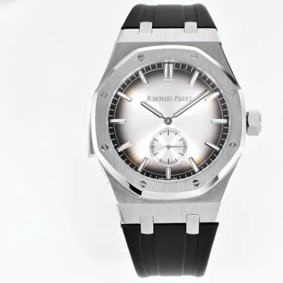 Audemars Piguet Royal Oak Concept Frosted Gold Flying Tourbillon silver titanium case and bezel silver gradient dial black rubber strap 38 5mm Women s Manual