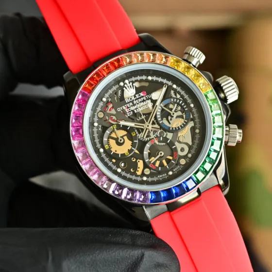 Rolex Daytona black case rainbow gem bezel black dial red rubber strap 43mm Men s Automatic — Super Clone Replica