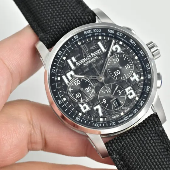 Audemars Piguet Royal Oak Offshore Chronograph 26048 stainless steel case black bezel black dial black fabric strap 42mm Men s Automatic