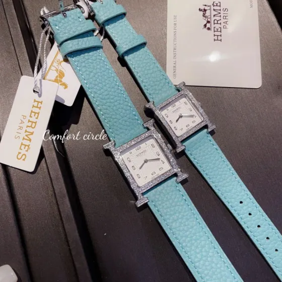 Hermes Heure H turquoise leather strap silver diamond-set case silver dial 21mm Women s Quartz — Super Clone Replica