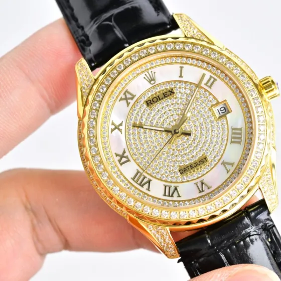 Rolex Datejust Pearlmaster yellow gold diamond-set case and bezel silver diamond dial black leather strap 40mm Men s Automatic — AAA Quality Clone